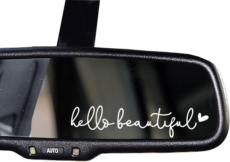 OFlyDesigns 2 x Hello Beautiful Car Mirror Decal, Affirmation Sticker, Rearview Mirror Decal, Tumbler Sticker, Water Bottle Stickers, Vinyl Tumbler Decal, New Car Decor, 4 inches (White, Hello Beautiful) - Image 1